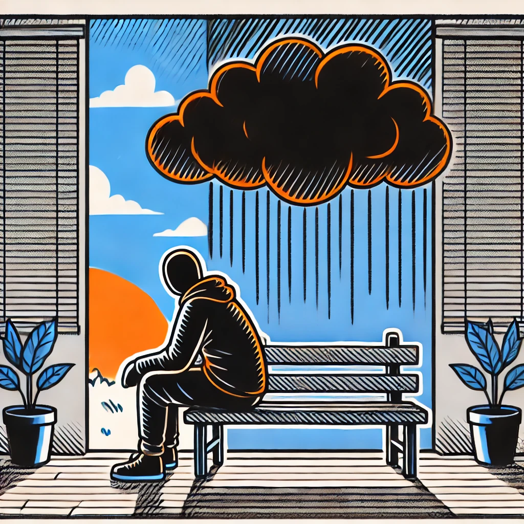 A hand-drawn, graphic comic-style illustration with bold black outlines and minimal color accents (orange and blue).
